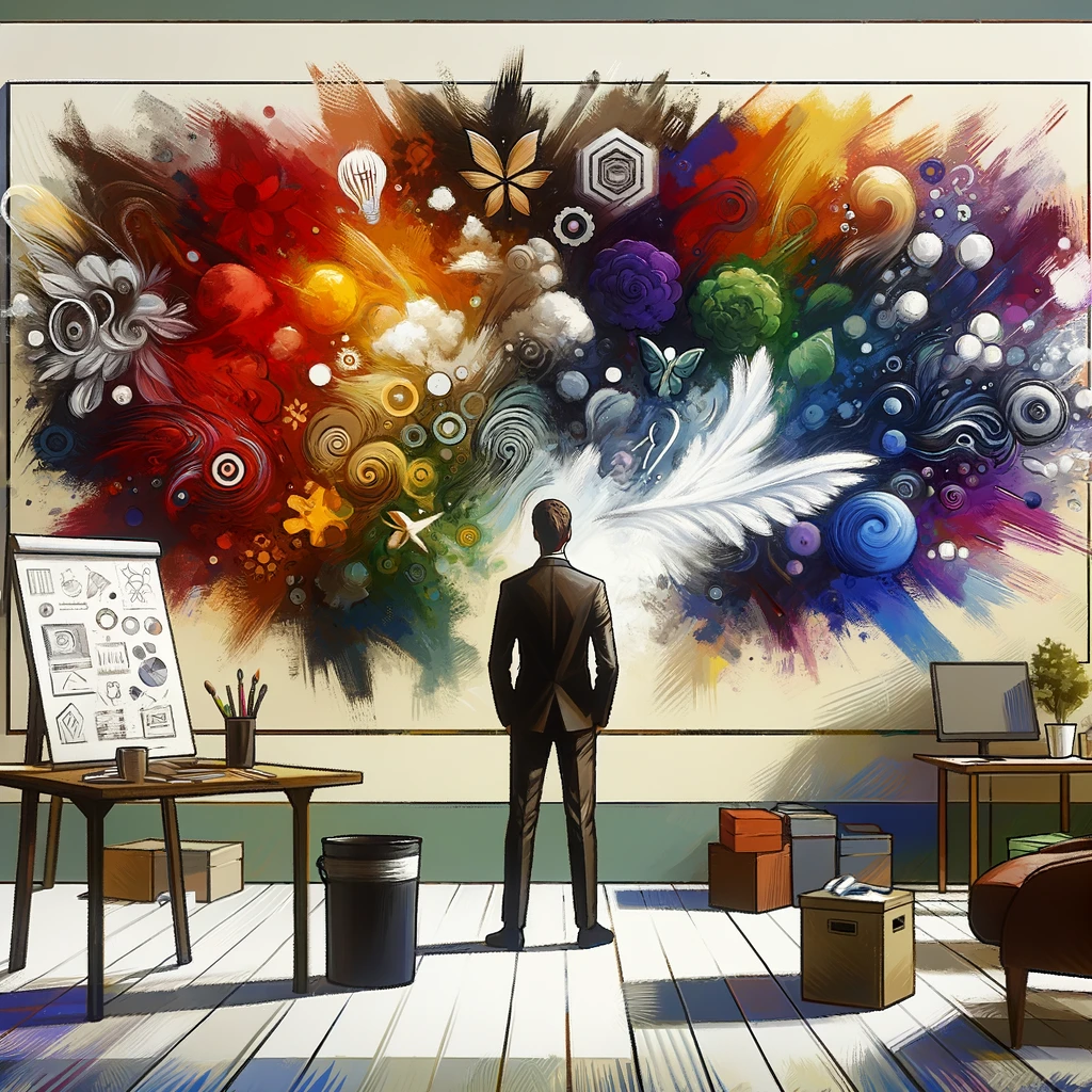 uma pessoa em um ambiente de escritório moderno, em frente a um quadro branco cheio de ideias criativas e coloridas