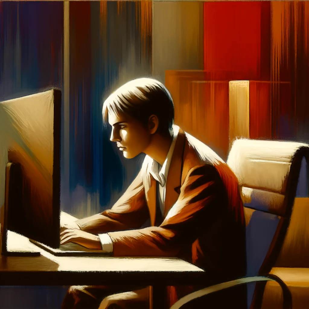  Uma pessoa com TDAH em profundo estado de hiperfoco enquanto trabalha em um computador num ambiente de escritório moderno. 