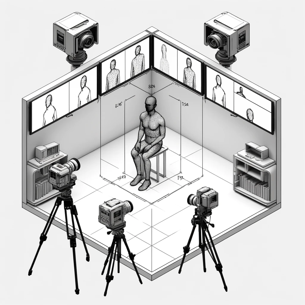 Ilustração esquemática da configuração experimental com três câmeras capturando diferentes ângulos de um participante, destacando a coleta de dados de múltiplas perspectivas para a análise de ações esqueléticas.